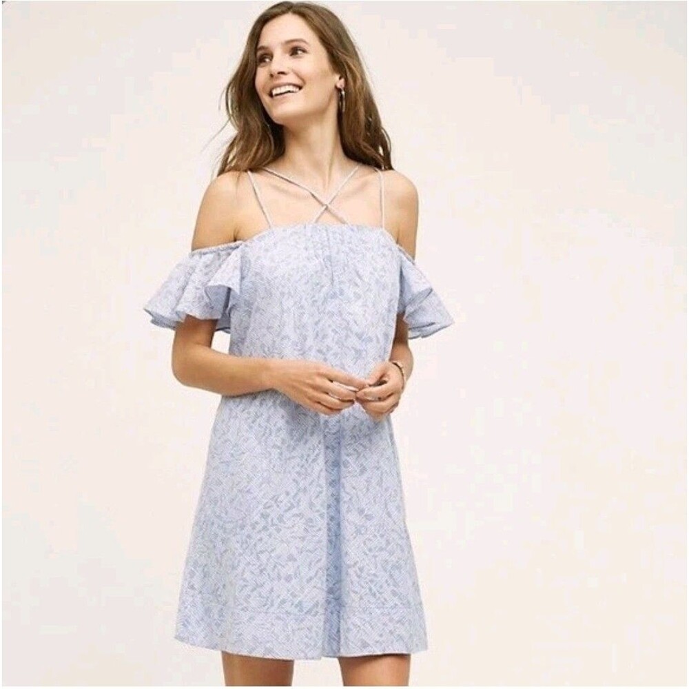 Anthropologie HD Paris Dayflower Mini Dress  Medium Off Shoulder Blue White